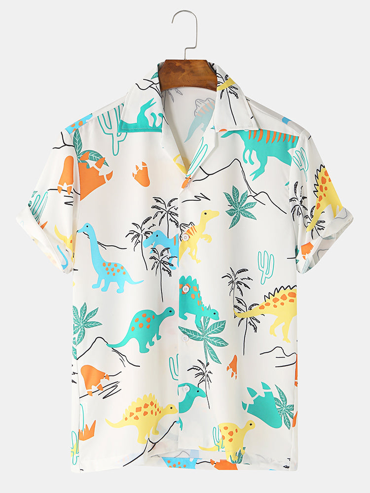 Mens Funny Style Dinosaur Cartoon Printed Short Sleeve Shirts