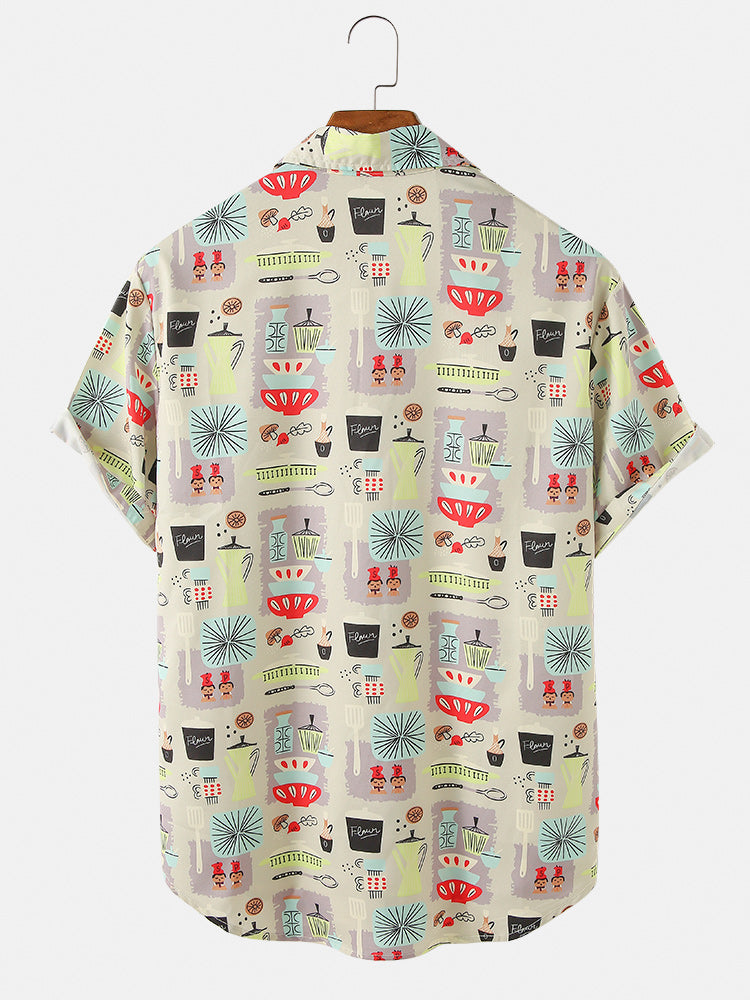 Mens Colorful Element Mushroom Pattern Print Loose Light Short Sleeve Shirts