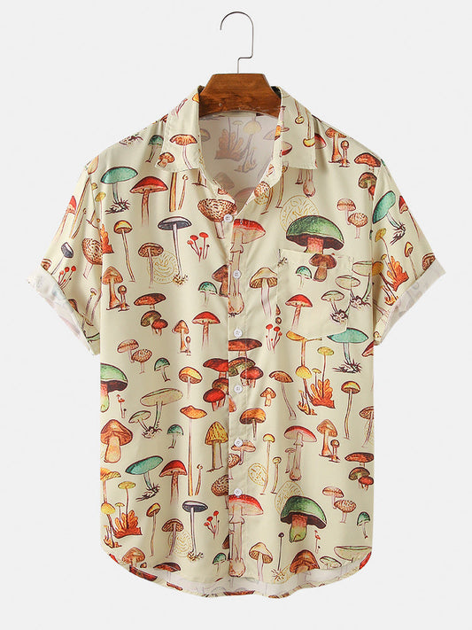 Mens Colorful Element Mushroom Pattern Print Loose Light Short Sleeve Shirts