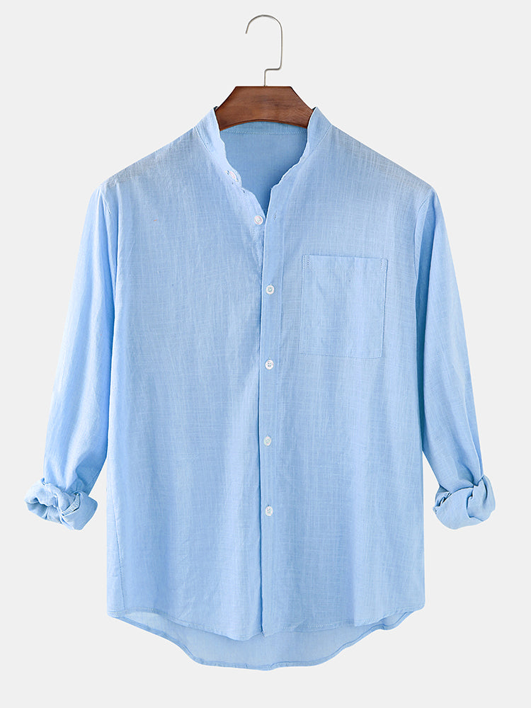 Mens Cotton & Linen Solid Color Thin Casual Long Sleeve Shirts With Pocket SKUF80414