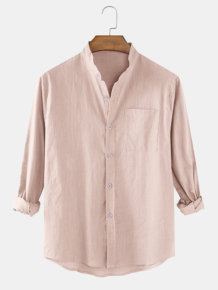 Mens Cotton & Linen Solid Color Thin Casual Long Sleeve Shirts With Pocket SKUF80414