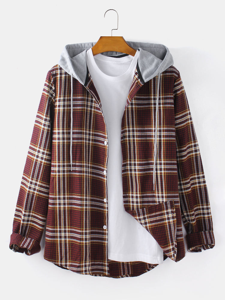 Mens Tartan Plaid Button Up Casual Long Sleeve Drawstring Hooded Shirts