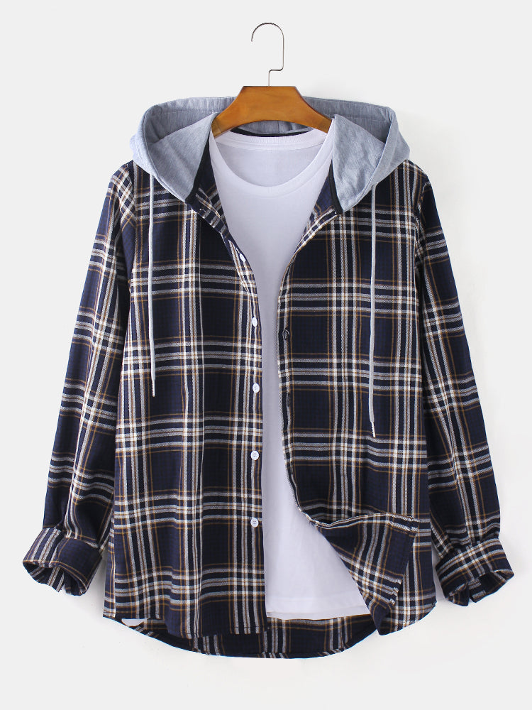 Mens Tartan Plaid Button Up Casual Long Sleeve Drawstring Hooded Shirts