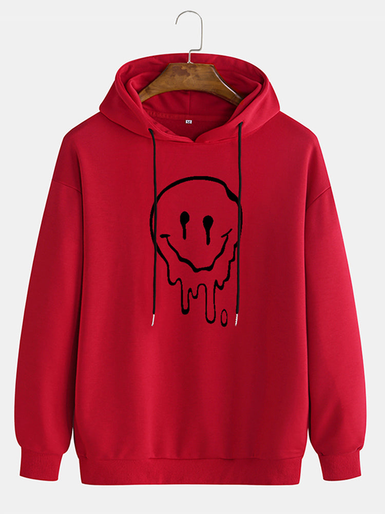 Mens Cotton Funny Face Print Drop Sleeve Casual Drawstring Hoodies