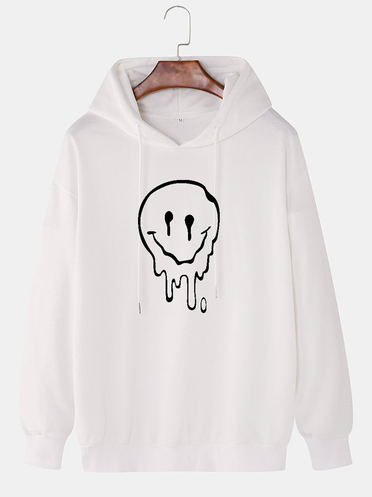 Mens Cotton Funny Face Print Drop Sleeve Casual Drawstring Hoodies