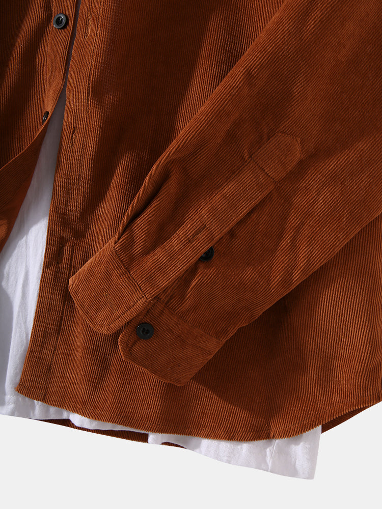 Mens Corduroy Solid Color Lapel Daily Long Sleeve Shirts