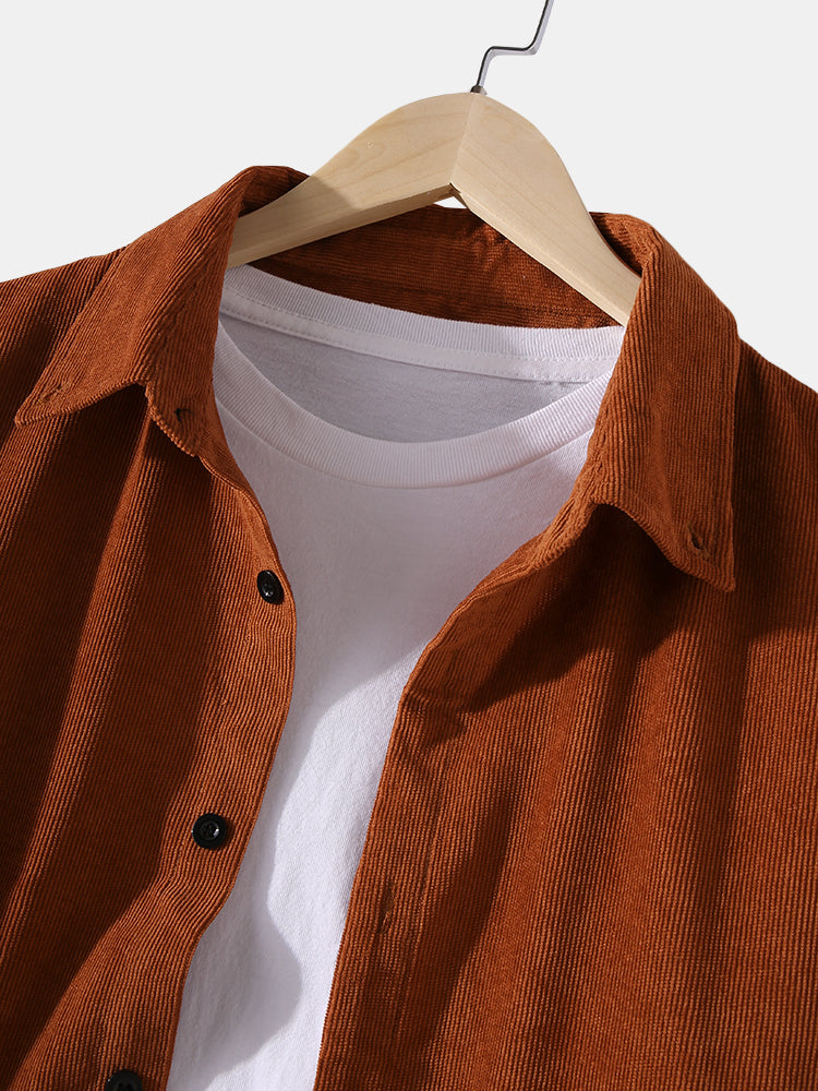 Mens Corduroy Solid Color Lapel Daily Long Sleeve Shirts