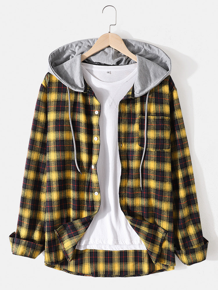 Mens Cotton Plaid Button Up Long Sleeve Casual Drawstring Hooded Shirts