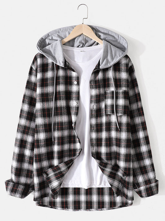 Mens Cotton Plaid Button Up Long Sleeve Casual Drawstring Hooded Shirts