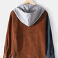 Mens Corduroy Colorblock Stitching Drawstring Hooded Shirt With Pocket