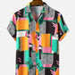 Mens Dot & Geometry Pattern Colorblock Lapel Short Sleeve Shirt