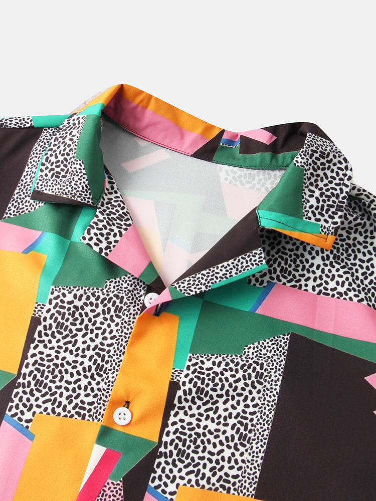 Mens Dot & Geometry Pattern Colorblock Lapel Short Sleeve Shirt