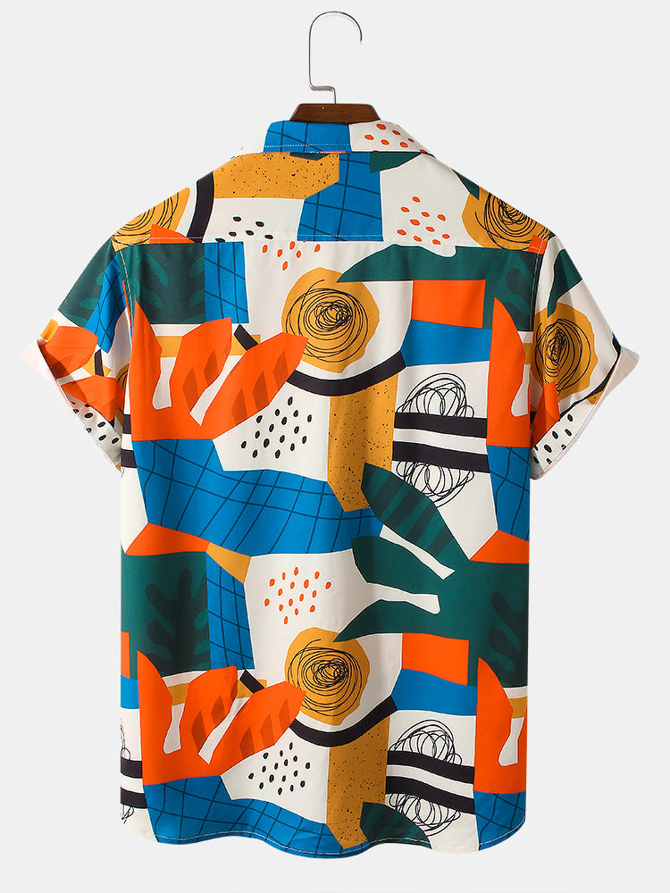 Mens Graffiti Geometry Graphics Colorblock Pocket Short Sleeve Shirt