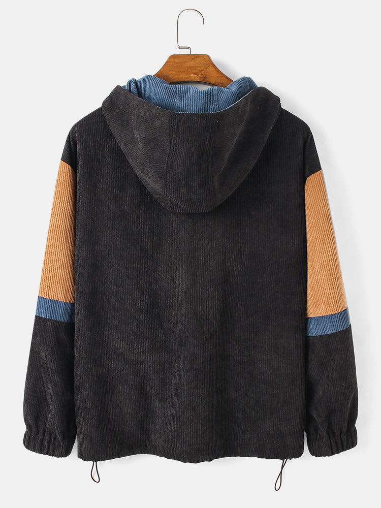 Mens Colorblock Corduroy Drawstring Hem Daily Pullover Hoodie