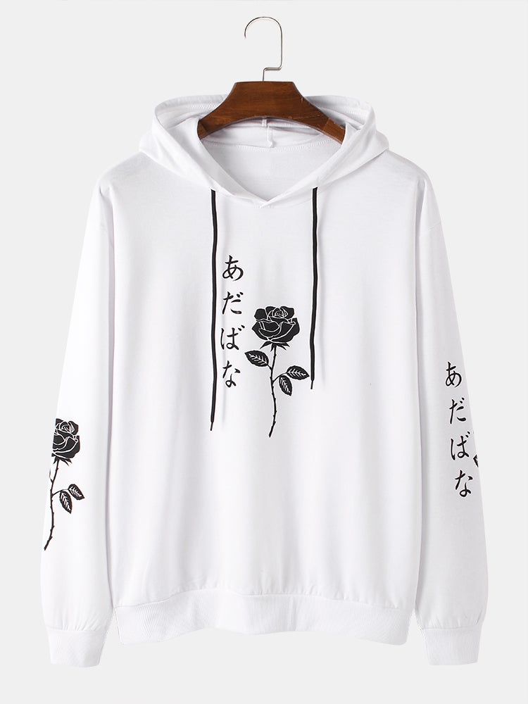 Mens Rose Japanese Character Print Cotton Casual Drawstring Overhead Hoodies