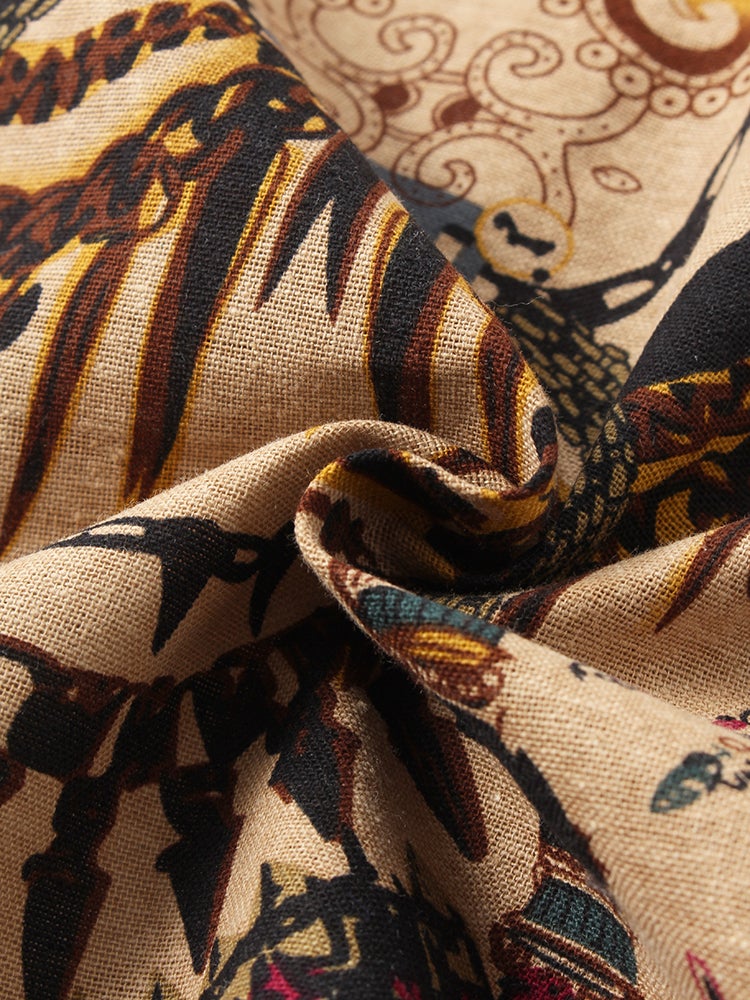 Mens Thin & Breathable Cotton Tribal Pattern Vintage Lapel Holiday Casual Shirt