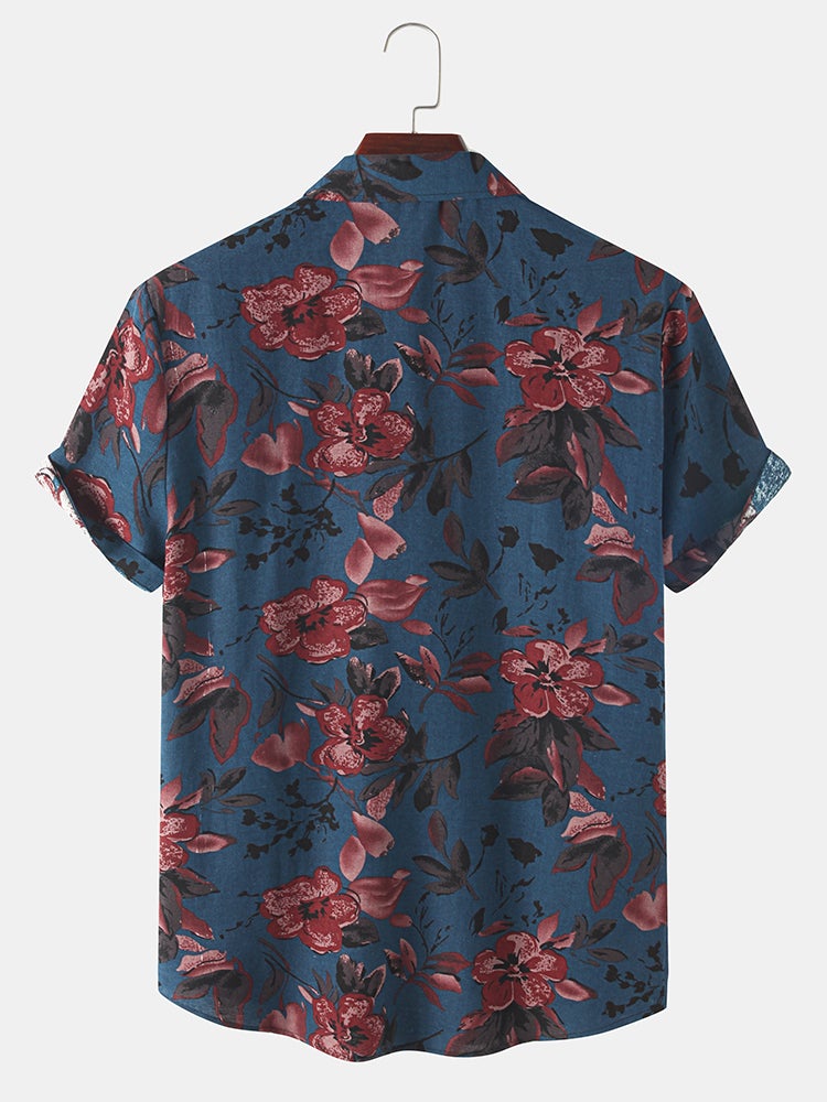 Mens Flower Plant Print Lapel Holiday Short Sleeve Shirts