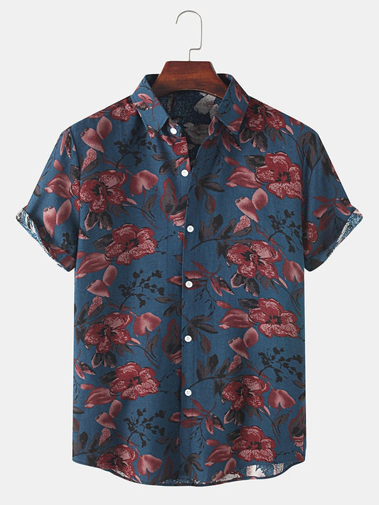 Mens Flower Plant Print Lapel Holiday Short Sleeve Shirts