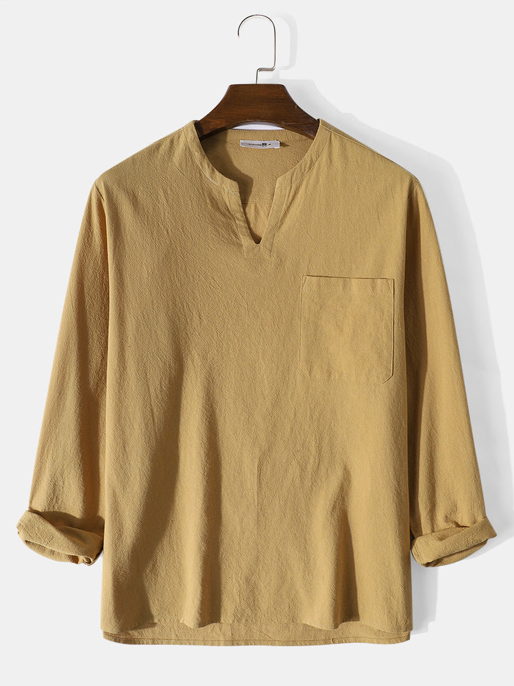 Mens Simple Solid 100% Cotton V-Neck Long Sleeve Shirt