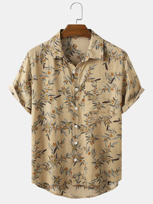 Mens Vintage Plant Printed High Low 100% Cotton Short Sleeve Shirts