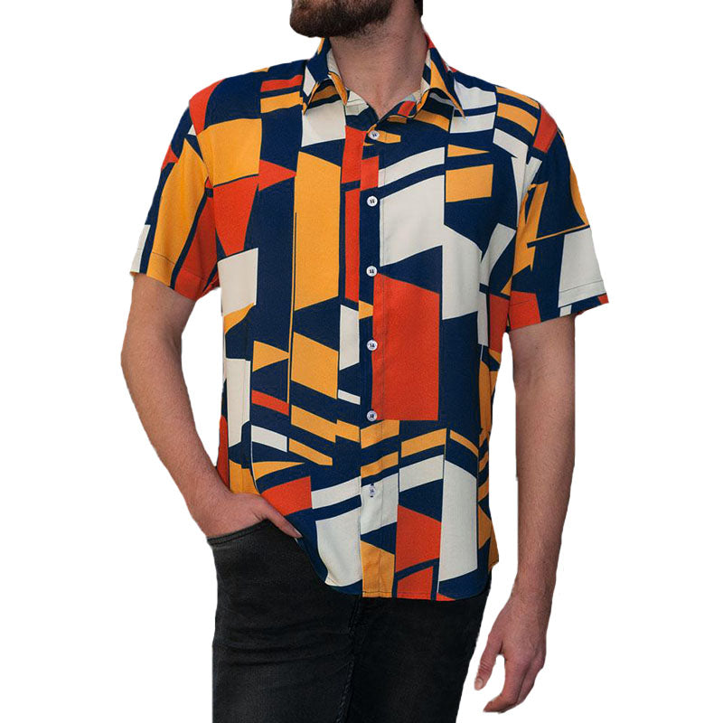 Mens Geometric Colorful Block Printed Short Sleeve Shirt