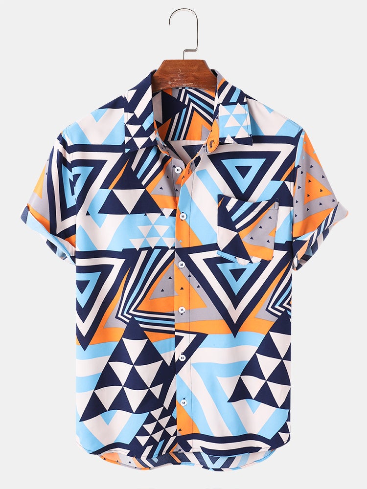 Mens Triangle All Over Print Lapel Street Short Sleeve Shirts