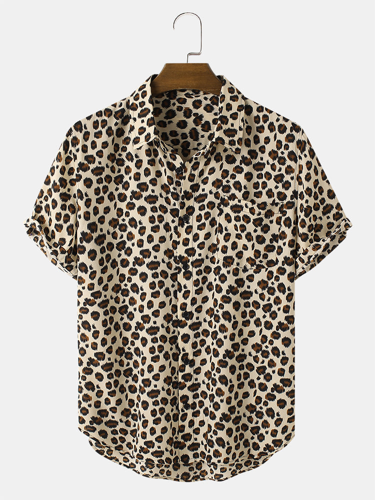 Mens Leopard Print Button Up Short Sleeve Shirts With Pocket