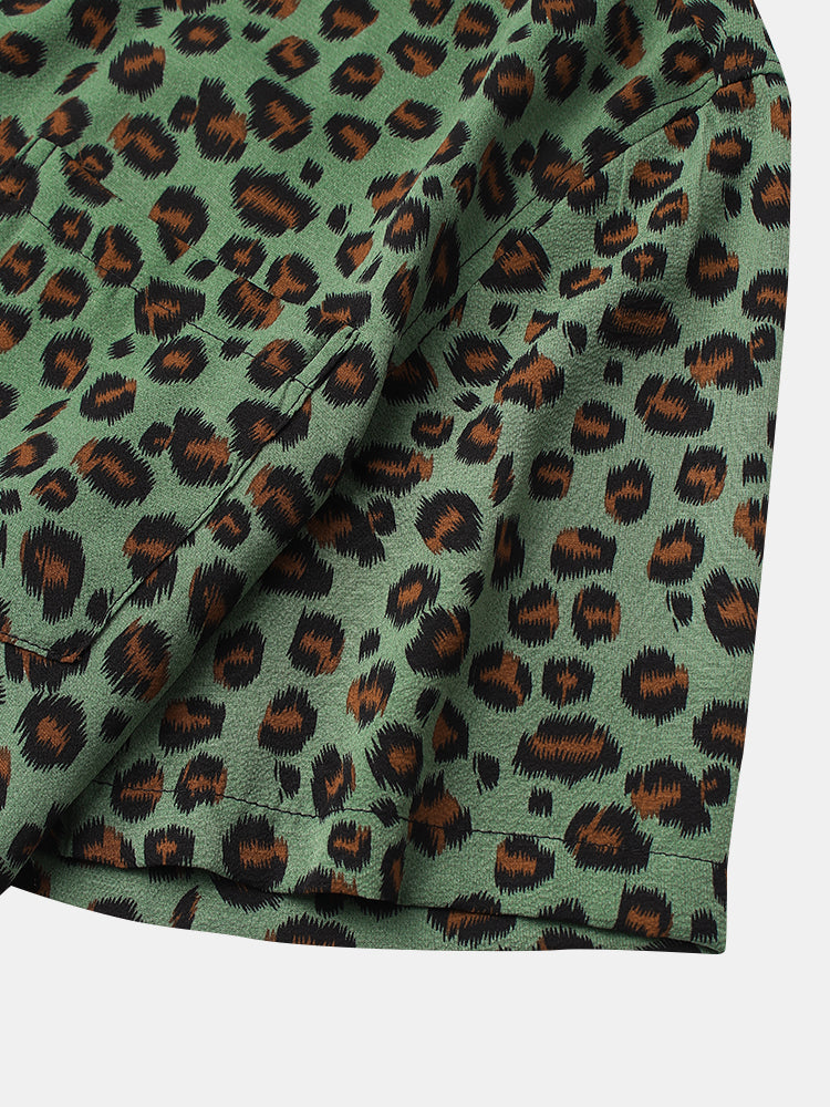 Mens Leopard Print Button Up Short Sleeve Shirts With Pocket