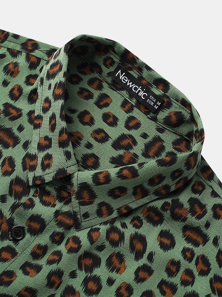 Mens Leopard Print Button Up Short Sleeve Shirts With Pocket