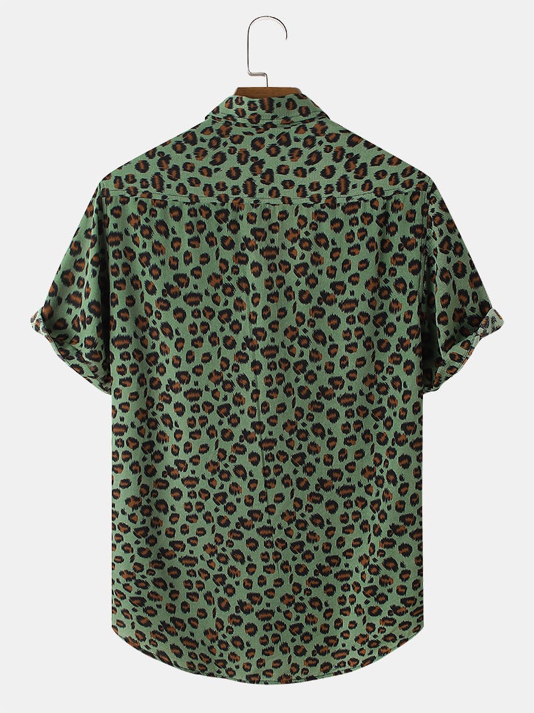 Mens Leopard Print Button Up Short Sleeve Shirts With Pocket