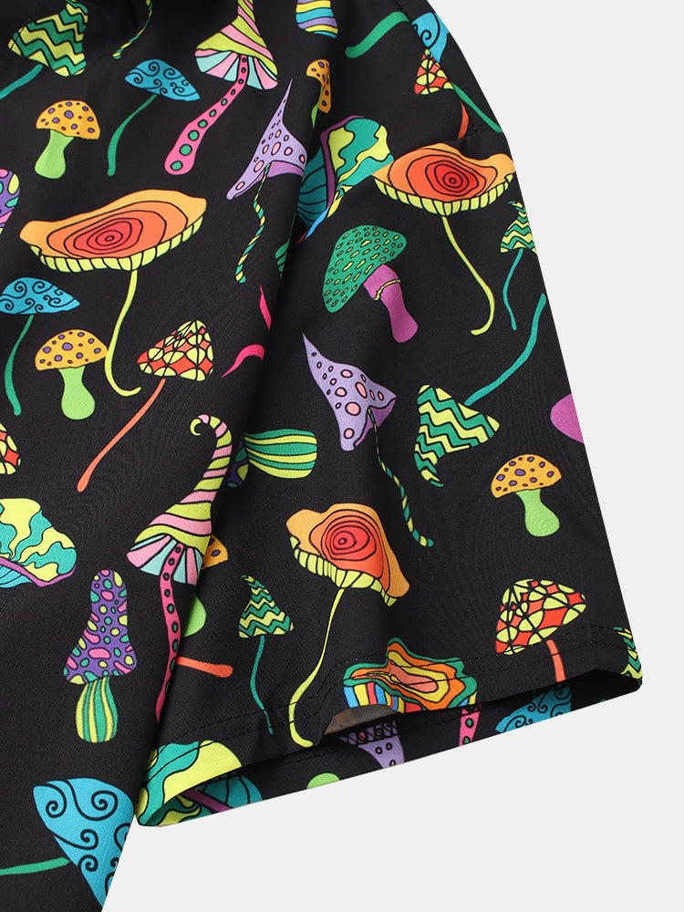 Mens Colorful Mushroom Print Button Up Street Short Sleeve Shirts