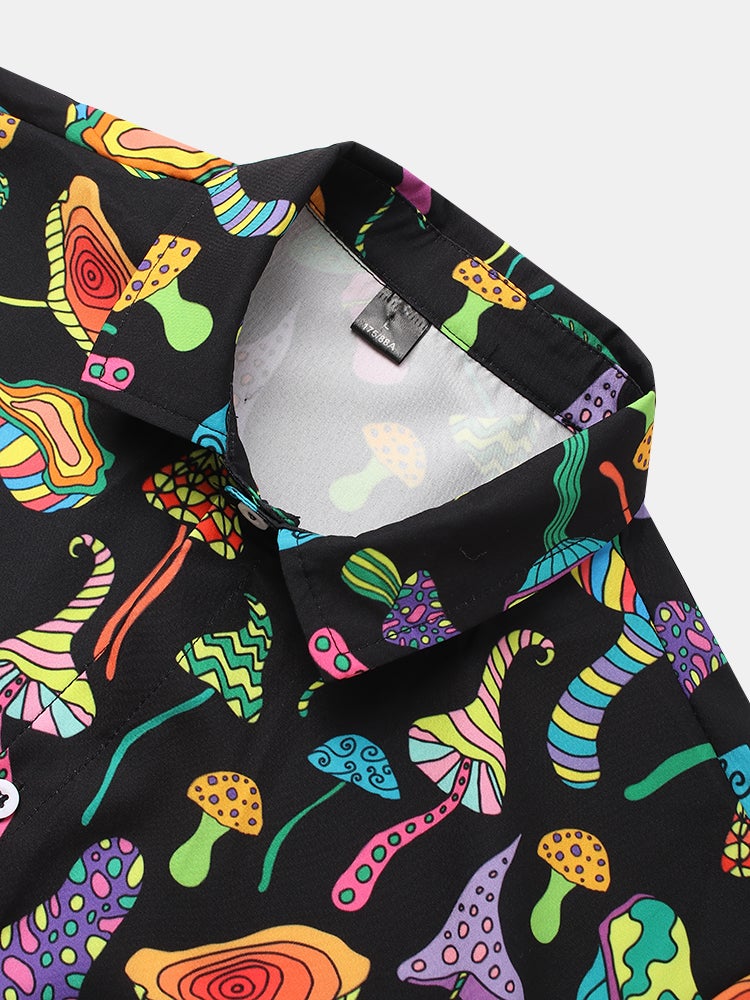 Mens Colorful Mushroom Print Button Up Street Short Sleeve Shirts