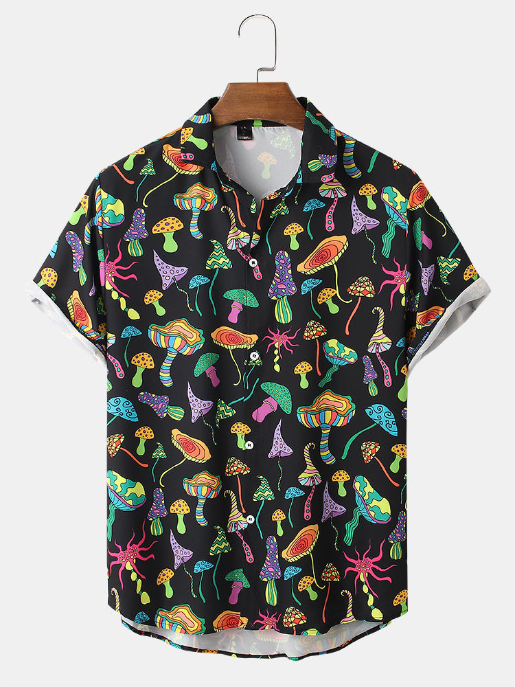 Mens Colorful Mushroom Print Button Up Street Short Sleeve Shirts