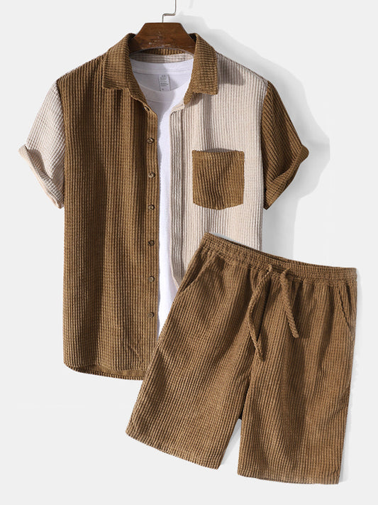 Mens Contrast Color Corduroy Short Sleeve Loungewear Two-Piece Outfits SKUH02267