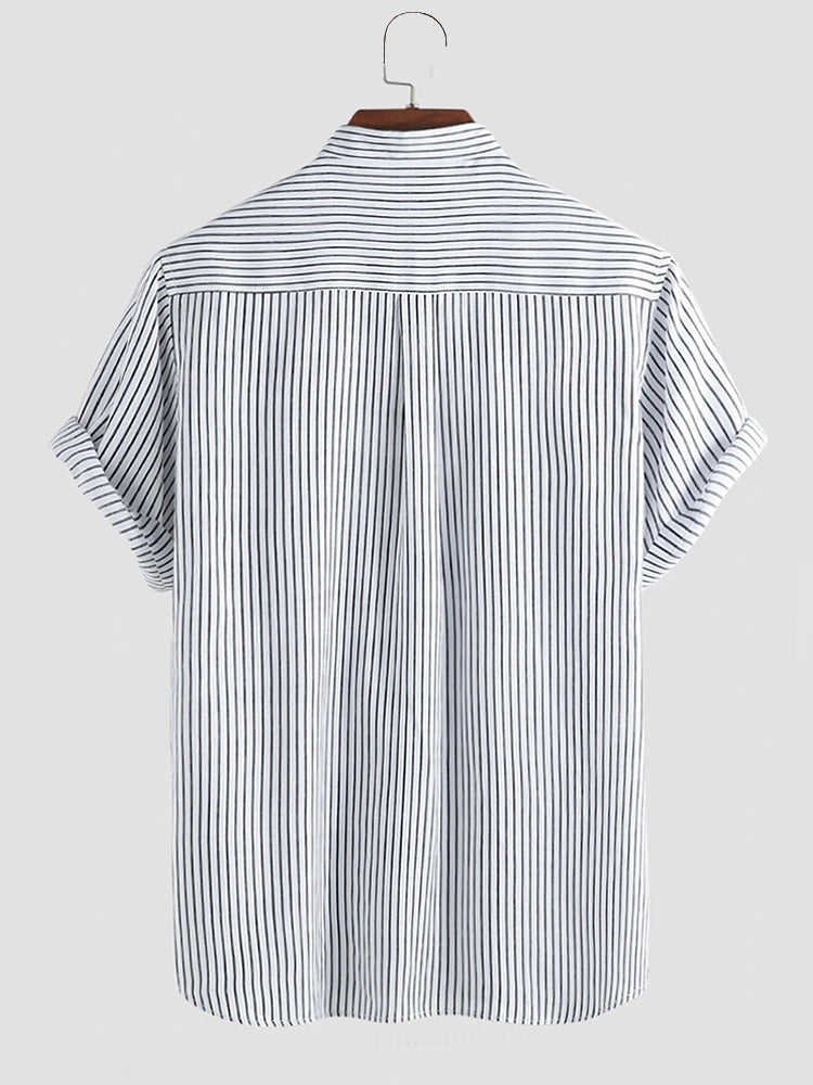 Mens Striped Breathable Stand Collar Short Sleeve Casual Loose Shirts