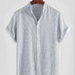 Mens Striped Breathable Stand Collar Short Sleeve Casual Loose Shirts