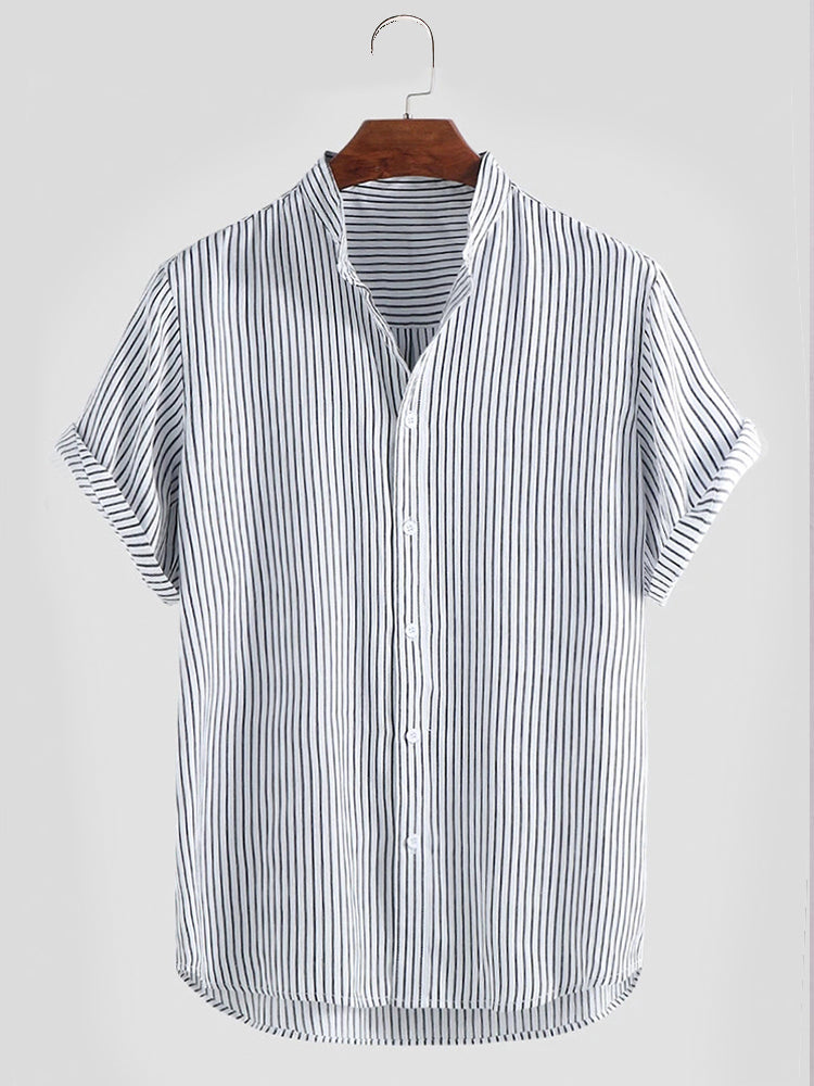 Mens Striped Breathable Stand Collar Short Sleeve Casual Loose Shirts