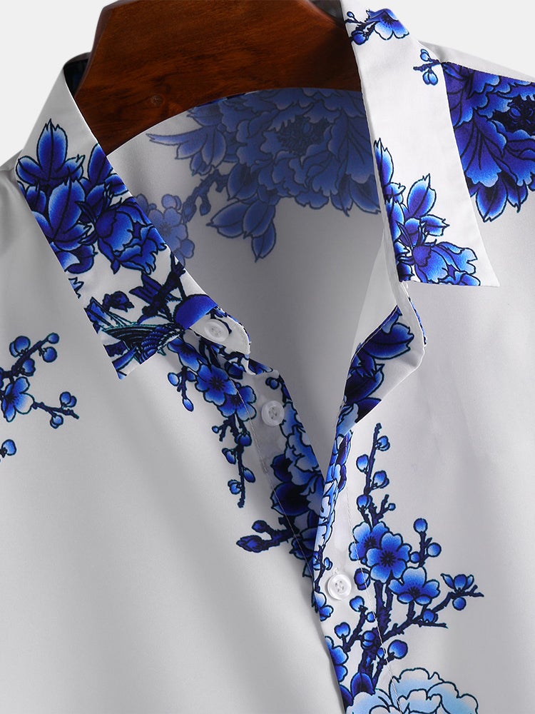 Mens Chinese Style Porcelain Floral Printed Short Sleeve Turn Down Collar Casual Shirt