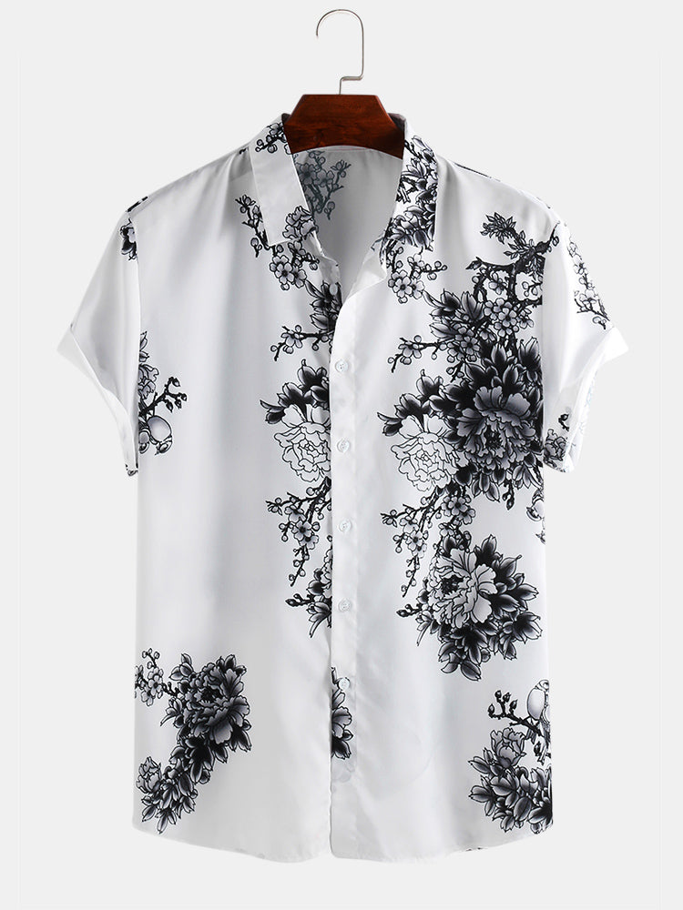 Mens Chinese Style Porcelain Floral Printed Short Sleeve Turn Down Collar Casual Shirt