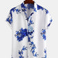 Mens Chinese Style Porcelain Floral Printed Short Sleeve Turn Down Collar Casual Shirt