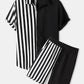 Mens Patchwork Stripe Pocket Drawstring Short Sleeve Two Piece Outfits