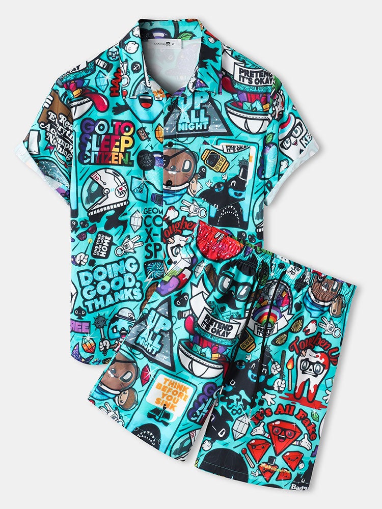 Mens Allover Funny Cartoon Print Loose Casual Two Pieces Outfits