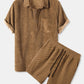 Mens Thin Corduroy Solid Breathable Short Sleeve Shirt & Shorts Set With Pocket SKUH44628