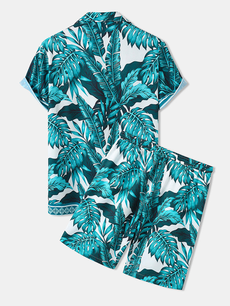 Mens Summer Holiday Revere Collar Tropical Leaf Pattern Baroque Two Piece Outfits