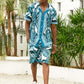 Mens Summer Holiday Revere Collar Tropical Leaf Pattern Baroque Two Piece Outfits