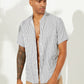 Mens Striped Breathable Stand Collar Short Sleeve Casual Loose Shirts