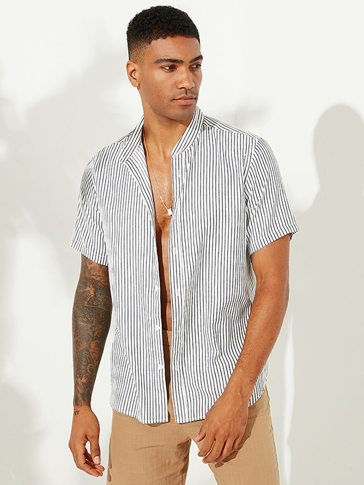 Mens Striped Breathable Stand Collar Short Sleeve Casual Loose Shirts