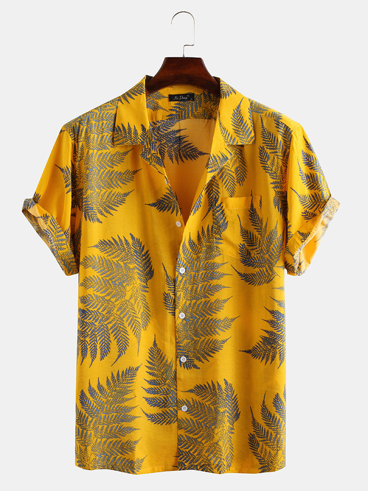 Mens 100% Cotton Leaf Printed Chest Pocket Turn Down Collar Short Sleeve  Shirts