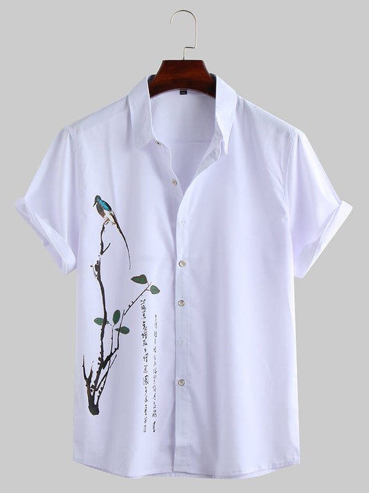 Mens Chinese Painting Print Turndown Collar Short Sleeve Casual Shirt