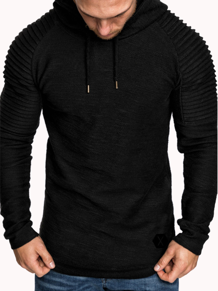 Mens Irregular Hem Hooded Striped Fold Raglan Sleeve O-neck Solid Color Casual Sweatshirt SKU984185